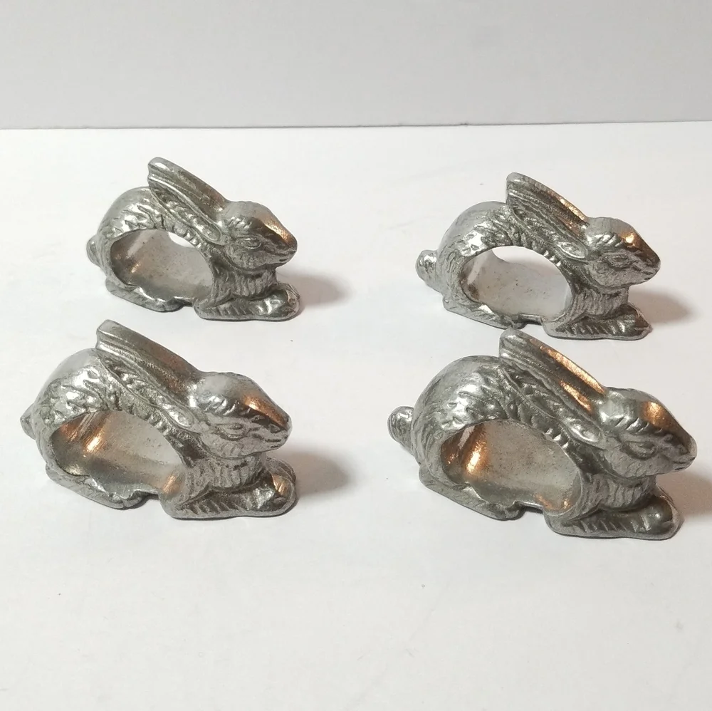 Lot of 4 Pewter Rabbit Napkin Ring Holders Set Vintage Napkin Rings